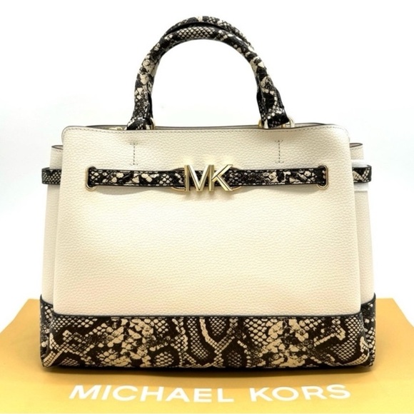 Michael Kors Reed Large Belted Satchel Crossbody Bag Light Cream Snakeskin - Picture 1 of 11